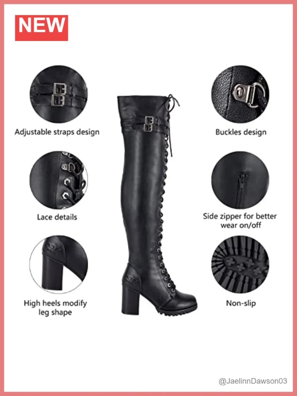 Over The Knee Lace Up Leather Boots with Zip & Buckle High Heel Tall Boots